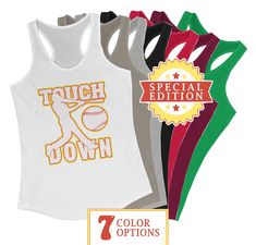 Step up to the plate with our Special Edition "Touchdown" humorous baseball tank! Perfect for summer, this funny racerback is a must-have for baseball moms and fans. Score big laughs and style points with this playful shirt! ⚾ 60% combed ring-spun cotton, 40% polyester ⚾ Extra light fabric  ⚾ Slim fit ~ Order a size up for a loose fit ⚾ Tear-away label Upgrade your wardrobe with our vintage-inspired baseball logo racerback tank and embrace the retro style with a touch of sporty chic! Whether you White Racerback Top For Sports Events, Sleeveless Tops With Letter Print For Team Events, Racerback Tops For Sports Events, Throwback Baseball Fan Tops, White Racerback Tank Top For Sports Events, Racerback Top With Letter Print For Game Day, Racerback Tank Top For Sports Events, Team Spirit Racerback Tank Top For Sports Events, Racerback Tank Top With Graphic Print For Sports Events