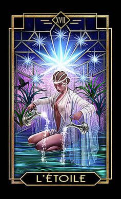 a tarot card with an image of a woman kneeling in the water