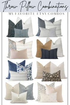 pillows with the words throw pillow combinations in different colors and patterns on them, along with an