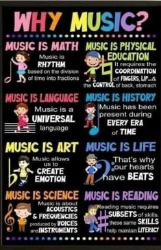 a poster with the words why music is written on it