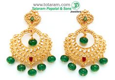 22k Gold Earrings, Indian Gold Jewelry, 22k Gold Jewelry, Chandbali Earrings, Gold Jewelry Stores, Big Hoop Earrings, Emerald Bead, Dangle Hoop Earrings, Ruby Emerald