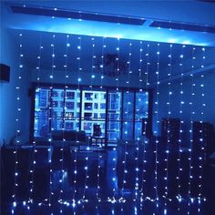 a room with blue lights on the ceiling