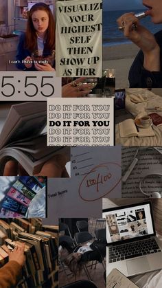 a collage of photos with words and pictures on them that include books, magazines, laptops, papers, and other things