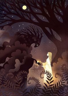 an illustration of a woman standing in front of a tree at night with the moon above her