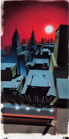 a painting of a city at night with the sun in the sky and buildings lit up