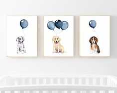 three pictures of dogs with balloons hanging on the wall in a baby's room