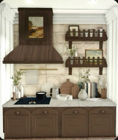 an image of a kitchen setting with shelves on the wall and counter tops in front of it