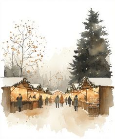 watercolor painting of people shopping at an outdoor christmas market with lights and trees in the background