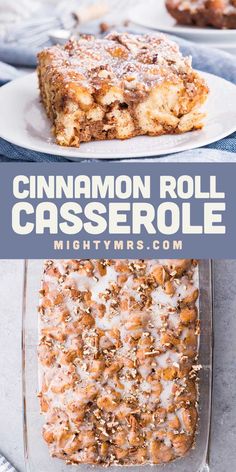 cinnamon roll casserole on a plate with the title above it