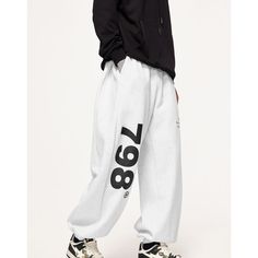 J-012-27 Baggy Letter Print Bottoms For Streetwear, Sporty Letter Print Bottoms For Spring, Sporty Bottoms With Letter Print For Spring, Urban Trousers For Winter, Urban Style White Pants For Spring, Urban White Pants For Spring, White Straight Pants For Winter, Hip Hop Straight Leg Bottoms With Letter Print, Hip Hop Bottoms With Letter Print In Relaxed Fit