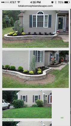 three pictures showing different types of landscaping in front of a house