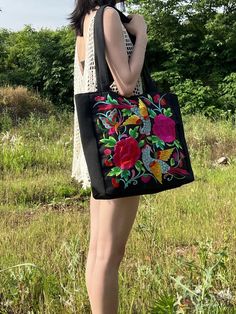 BirdinBag - Stylish Floral Shoulder Bag - Large Capacity, Embroidered, Ideal for Students and Outdoor Activities Multicolor Embroidered Tote Bag For Vacation, Multicolor Embroidery Tote Bag For Vacation, Black Bags With Floral Embroidery For Spring, Summer Travel Bag With Embroidered Details, Embroidered Travel Bags For Summer, Summer Travel Embroidered Bags, Embroidered Summer Travel Bags, Multicolor Embroidered Tote Bag, Casual Embroidered Shoulder Bag