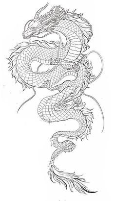 a black and white drawing of a dragon with its tail curled in the shape of a snake