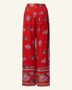 Traditional Red Bottoms For Spring, Floral Print Wide Leg Pants For Festival, Bohemian Wide Leg Bottoms With Floral Embroidery, Red Bohemian Wide Leg Pants For Spring, Traditional Floral Print Bottoms For Spring, Traditional Spring Floral Print Bottoms, Bohemian Straight Pants With Floral Embroidery, Bohemian Long Pants With Floral Embroidery, Traditional Red Pants For Spring