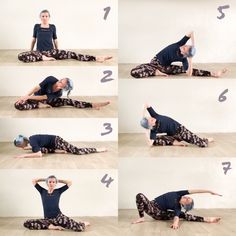 a woman is doing yoga poses on the floor