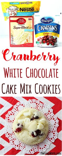 cranberry white chocolate cake mix cookies on a red and white tablecloth with text overlay