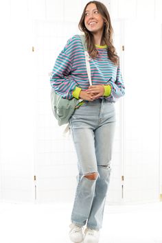 Add a playful twist to your fall wardrobe with our Classic Stripes Green & Pink Oversized Crewneck. This trendy crewneck boasts an oversized fit and a contrast hem, along with eye-catching horizontal stripes in green and pink. Style it effortlessly with denim or leggings for a super comfortable and fashionable look that's perfect for the season. Features: Oversized fit Contrast hem Green and pink horizontal stripes Comfortable and cozy for fall Versatile styling options with denim or leggings Potato Sacks, Pink Horizontal, Trendy Crewneck, Oversized Crewneck, Pink Style, Horizontal Stripes, Green And Pink, Fall Wardrobe, Oversized Fits