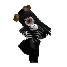 an animated animal with long black hair and striped shirt, standing in front of a white background