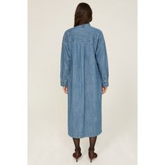 Blue denim (100% Cotton). Shirt dress. Long sleeves. Collar. Front button closure. 49" from shoulder to hemline. Imported. Medium Wash Button-up Dress For Daywear, Light Wash Chambray Denim Dress For Fall, Indigo Button-up Cotton Denim Dress, Cotton Medium Wash Buttoned Shirt Dress, Cotton Medium Wash Shirt Dress With Buttons, Medium Wash Cotton Shirt Dress With Buttons, Indigo Denim Button-up Dress, Collared Washed Blue Cotton Denim Dress, Collared Washed Blue Denim Dress