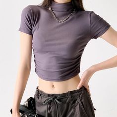 Women Mock Neck Short Sleeve T-Shirt Y2K Crop Tops – lastrafashion Fitted Ribbed Y2k Crop Top, Y2k Style Solid Color Stretch Top, Y2k Stretch Solid Color Tops, Y2k Style Solid Color Short Sleeve Crop Top, Y2k Style Solid Stretch Tops, Y2k Solid Color Tops For Spring, Y2k High Stretch Tops For Streetwear, High Stretch Y2k Crew Neck Tops, Spring Y2k Solid Color Tops