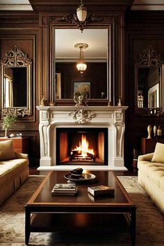 a living room filled with furniture and a fire place in the middle of a fireplace