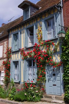 an old building with blue shutters and flowers growing on it