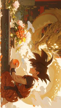 an anime scene with a boy and a dragon