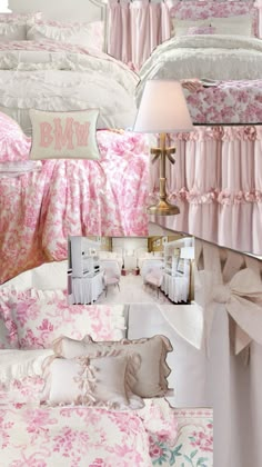 pink and white bedding in a bedroom