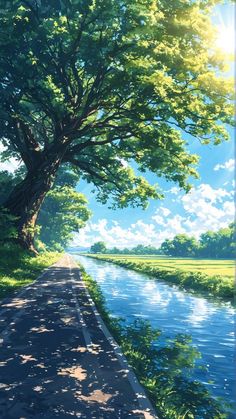 a painting of a tree and water on the side of a road