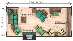 a drawing of a living room and kitchen area with couches, coffee table, chairs, tables