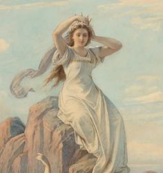 a painting of a woman standing on top of a mountain