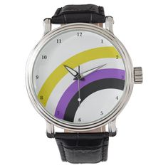 The non binary colors of yellow, white, purple, and black create the cool rainbow on this fun custom pride watch. They Them wristwatch for a nonbinary friend in the genderqueer community. Simplistic Jewelry, Non Binary Gender, Personalized Watch, Personalized Watches, Non Binary, Pride Gifts, Rainbow Pride, Pride Flags, The Cool