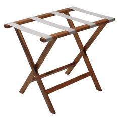 a wooden folding table with white strips on the top and bottom section, against a white background