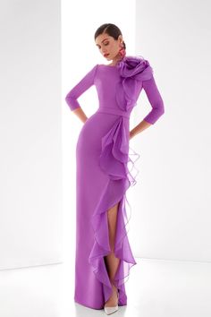 3/4 sleeves crepe dress with organza ruffles – HerTrove High Couture Dresses, Evening Dresses Purple, Dresses With Long Sleeve, Gown With Ruffles, Mauve Dresses, Long Ruffle Dress, Dress With Organza, Yellow Wedding Dress, Lavender Fashion