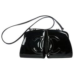 Chanel Double Split Frame Runway Black Patent Leather Cross Body Bag | From a unique collection of rare vintage Crossbody Bags and Messenger Bags at https://www.1stdibs.com/fashion/handbags-purses-bags/crossbody-bags-messenger-bags/. Chanel Canvas, Navy Chanel, Vintage Crossbody Bag, Leather Cross Body Bag, Vintage Purses, Leather Cross, Black Purses, Girls Bags, Vintage Chanel