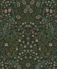 an intricately designed wallpaper with flowers and leaves in green, brown, pink and white colors