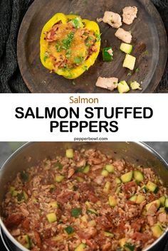 salmon stuffed peppers in a skillet with the title above it, and an image of cooked