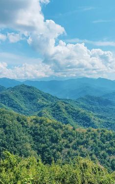 the mountains are covered in green trees and blue sky with white clouds above them on a sunny day