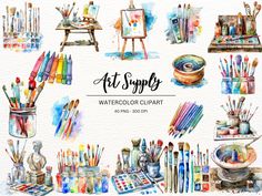 watercolor clipart brushes, paints and other art supplies are displayed on a white background