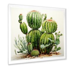 a painting of green cactus plants on a white background