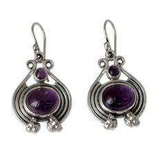 A curvaceous framework of sterling silver embraces an oval cabochon of amethyst that glows like summer twilight. Presented by Shanker in India the dangle earrings also feature a smaller round amethyst cabochon at the top as well as dainty cultured pearls in beaded settings..925 Sterling silver Rainbow Moonstone Necklace, Pearl Dangle Earrings, Purple Earrings, Moonstone Earrings, Sterling Silver Dangle Earrings, Moonstone Necklace, Fancy Jewelry, Pearl Earrings Dangle, Freshwater Cultured Pearls