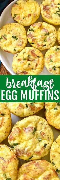 breakfast egg muffins on a white plate with green border and text overlay