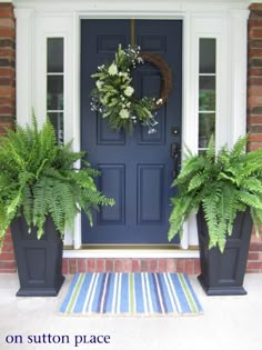 two potted plants sit on the front porch of a house with blue door and white trim