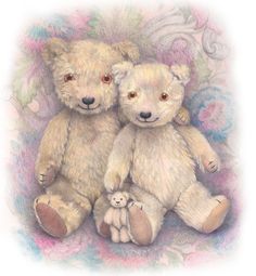 two teddy bears sitting next to each other on a pink and blue floral background with flowers