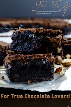 chocolate brownies stacked on top of each other with the words free recipe for true chocolate lovers