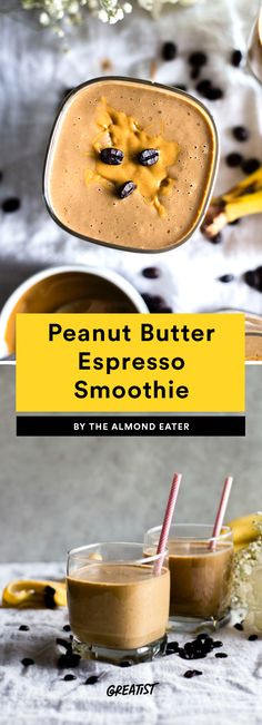 peanut butter espresso smoothie recipe with two glasses and bananas on the side