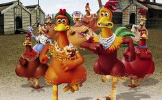 several cartoon chickens are dancing in front of an old barn