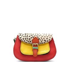 "Beautiful 100% Recycled Leather Shoulder Bag in Shades of Yellow, Red and with Animal print flap. Small Eco-friendly Crossbody Handmade Bag. Adjustable shoulder strap also in leather. This colorful saddle-shaped bag is unique and complements all types of looks. Great size to store all your essentials! It comes with three internal compartments, one with a zipper, a smaller front compartment with a magnetic stud, and an outside zipper. Additional zipper pocket inside the main compartment The bag Handmade Leather Bag, Woman Handbag, Sustainable Bag, Upcycled Leather, Leather Scraps, Small Crossbody Purse, Shoulder Strap Bag, Strap Bag, Round Bag