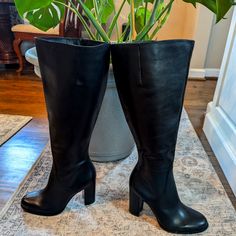 Nwt Sam Edelman Knee High Black Leather Boots. Size 9. Never Worn. Beautiful Smooth Black Leather, Stacked 4 1/2 Inch Heel, Round Toe, Wide Calf 18 Inch Circumference, And Knee High 19 1/2 Inch Tall. Small Flaw In Heel (Pictured). Closed Toe Leather Lined Boots For Office, Classic Leather Knee-high Boots With High Heel, Formal Medium Width Knee-high Boots With Leather Lining, Leather Knee-high Boots With Stacked Heel For Work, Office Boots With Stacked Heel And Round Toe, Classic Heeled Boots With Round Toe, Padded Heel Closed Toe Work Boots, Formal Knee-high Boots With Stacked Heel And Round Toe, Padded Heel Closed Toe Boots For Work