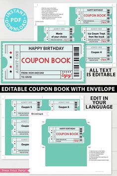 coupon book with envelopes for birthday and other items to be printed out on it